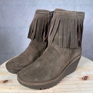 Fly London Fringe Wedge Boots Womens 38 Brown Good Suede Ankle P500766083